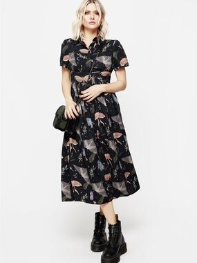 Disturbia Nightmoth Short Sleeve Midi Shirt Dress US 6 Black Whimsigoth Goth